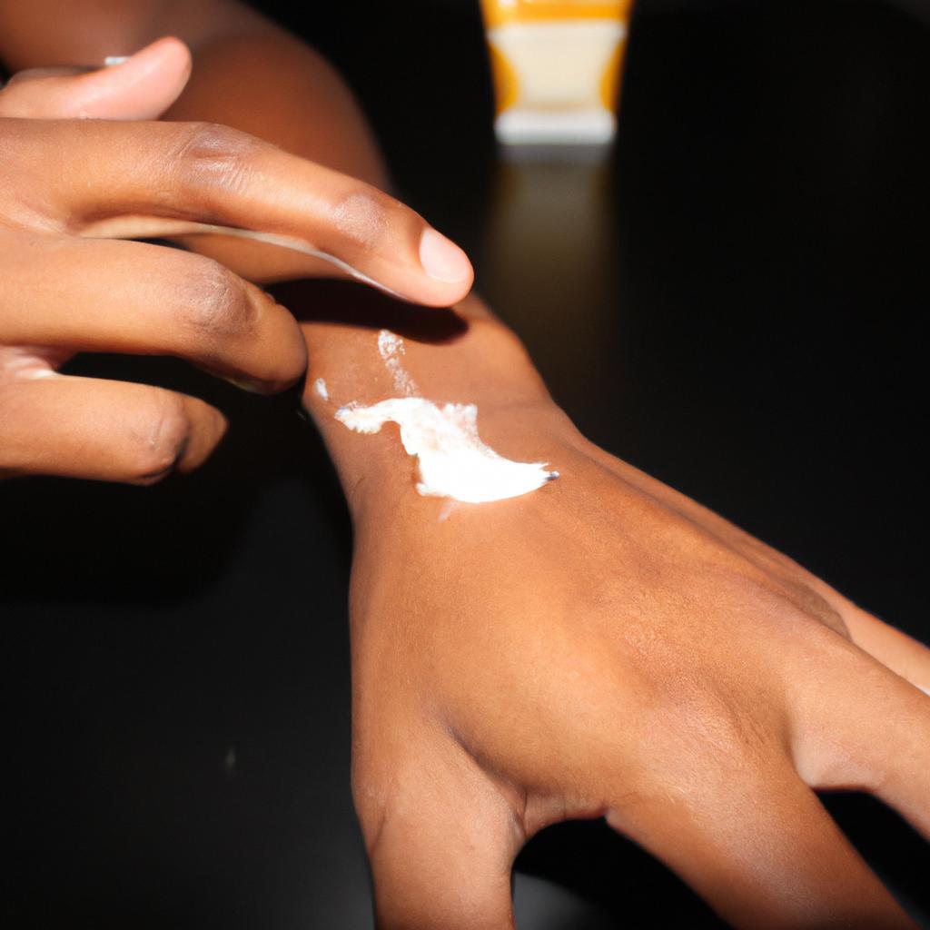 Person applying lotion, experiencing irritation